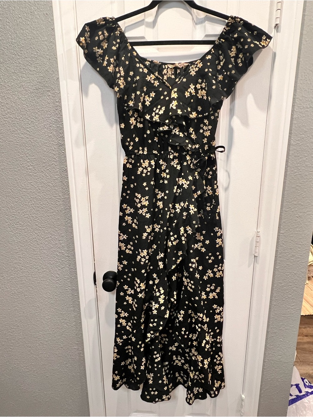 Indulge Floral High-Low Ruffle Wrap Dress Off Shoulder Size S